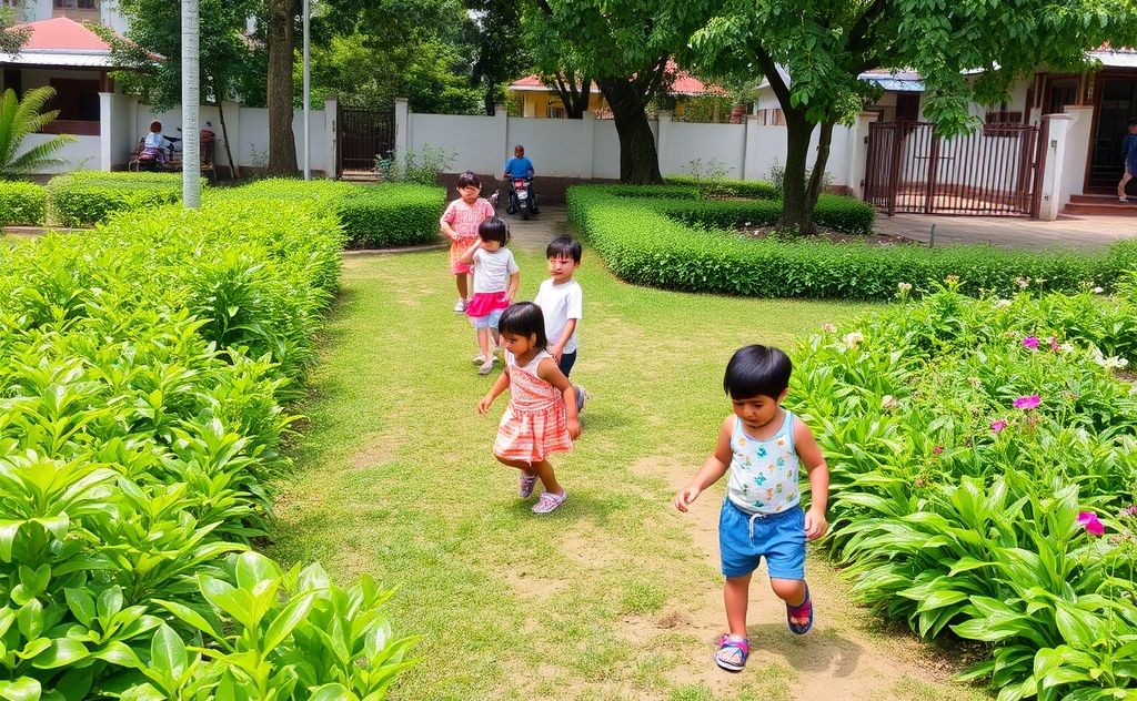 A vibrant, clean environment with children playing among lush greenery.
