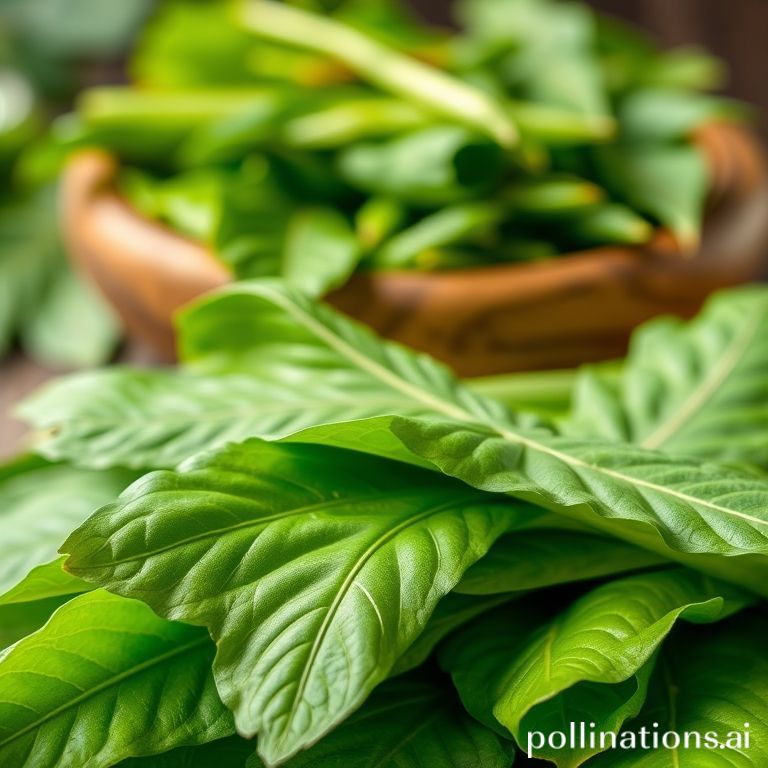 A vibrant, close-up shot of fresh green cassava leaves, some neatly stacked and others loosely scattered. In the background, a rustic wooden bowl containing a delicious-looking gulai daun singkong is subtly blurred, hinting at culinary use. The lighting is natural and bright, emphasizing the freshness and natural goodness of the leaves. A soft, healthy glow effect is subtly added to suggest wellness benefits.