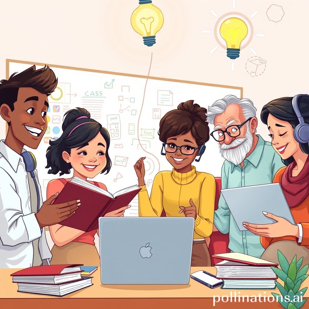 A vibrant, detailed cartoon illustration depicting a diverse group of people of various ages (a young student, a middle-aged professional, an elderly person) engaging in different forms of learning. One person is reading a physical book, another is on a laptop taking an online course, someone is listening to a podcast with headphones, and a pair are collaboratively discussing ideas. There are elements like a whiteboard with diagrams, a glowing lightbulb symbol above their heads, and subtle digital interface elements floating in the background, all symbolizing continuous, modern, and diverse lifelong learning. The style should be friendly, optimistic, and slightly whimsical.