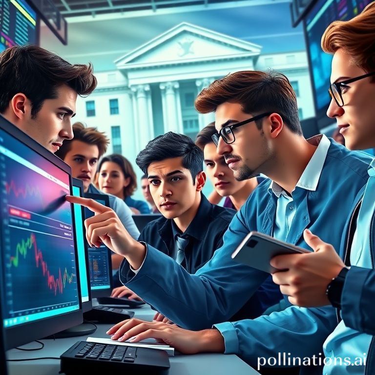A vibrant, dynamic image showing a diverse group of young, modern traders (Gen Z style) looking intensely at multiple computer screens displaying various financial charts, candlestick patterns, and economic news headlines. In the background, there's a subtle, futuristic overlay of the Federal Reserve building or a stylized 'FOMC' logo, hinting at the powerful influence behind the market movements. One trader might be pointing at a screen, engaged in discussion, while another is making notes. The overall mood is energetic, focused, and tech-savvy.