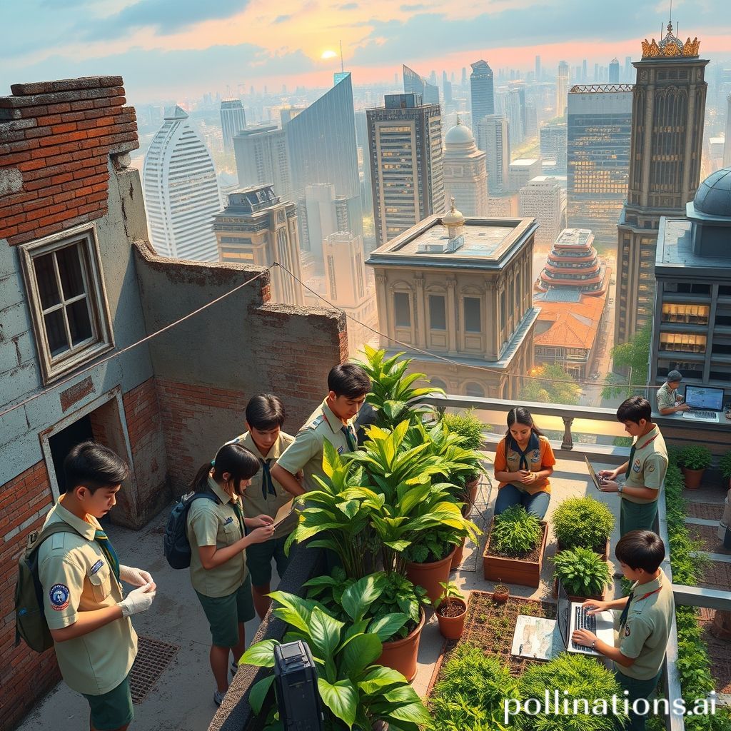 A vibrant, dynamic image showing diverse young people (Gen Z/millennials) in Scout uniforms or T-shirts, engaged in various urban scouting activities. One group is exploring an old building in Central Jakarta, another is doing urban gardening on a rooftop, and a third is collaborating on a digital project on laptops. The background features modern cityscapes and traditional Jakarta elements, blending historical and contemporary urban vibes. The overall mood is energetic, collaborative, and forward-thinking, capturing the essence of 