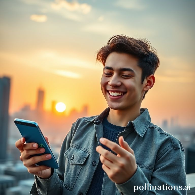 A vibrant, energetic image depicting a Gen Z person smiling confidently while looking at a smartphone displaying stock market charts with an upward trend. The background should be a modern city skyline at sunset, with subtle elements of money or growth. The overall aesthetic should be bright, positive, and digitally savvy, reflecting financial empowerment.