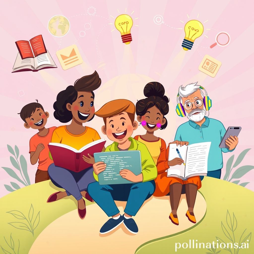 A vibrant, friendly cartoon illustration showing a diverse group of people of all ages (young adult, middle-aged, senior) enthusiastically engaged in various forms of learning. One person is reading an open book, another is happily typing on a laptop with lines of code, one is listening to a podcast with headphones, and another is sketching in a notebook with a bright idea bulb above their head. They are surrounded by symbols of knowledge and growth like open books, glowing lightbulbs, magnifying glasses, and digital screens, all connected by a gentle, winding path representing a lifelong journey. The background is bright and optimistic, perhaps with a subtle globe or interconnected lines hinting at global knowledge. The overall mood is positive, inspiring, and empowering.