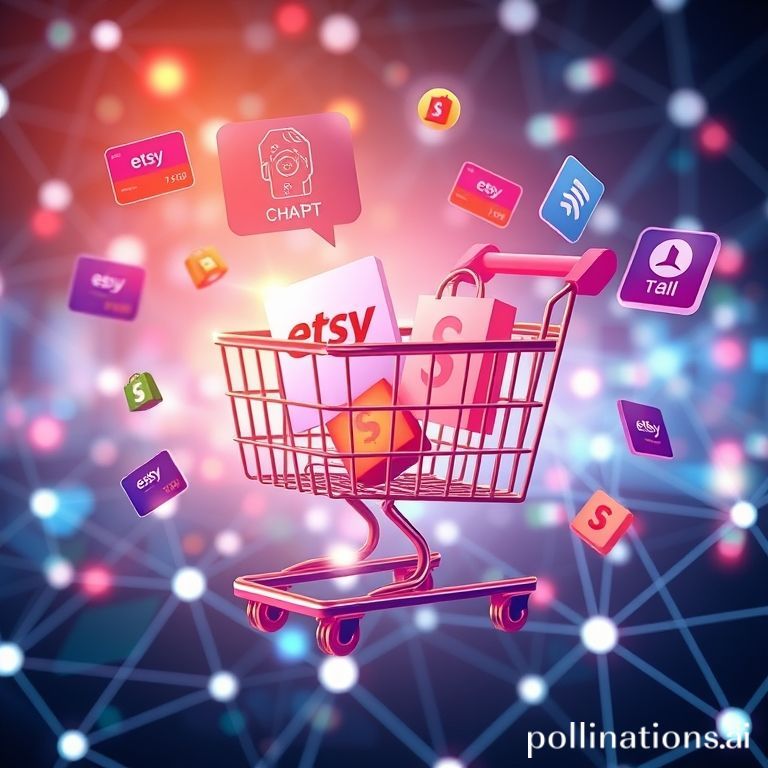 Illustration of ChatGPT's interface featuring a shopping cart with Etsy and Shopify logos, symbolizing AI-powered instant e-commerce transactions and a new era of digital payments.