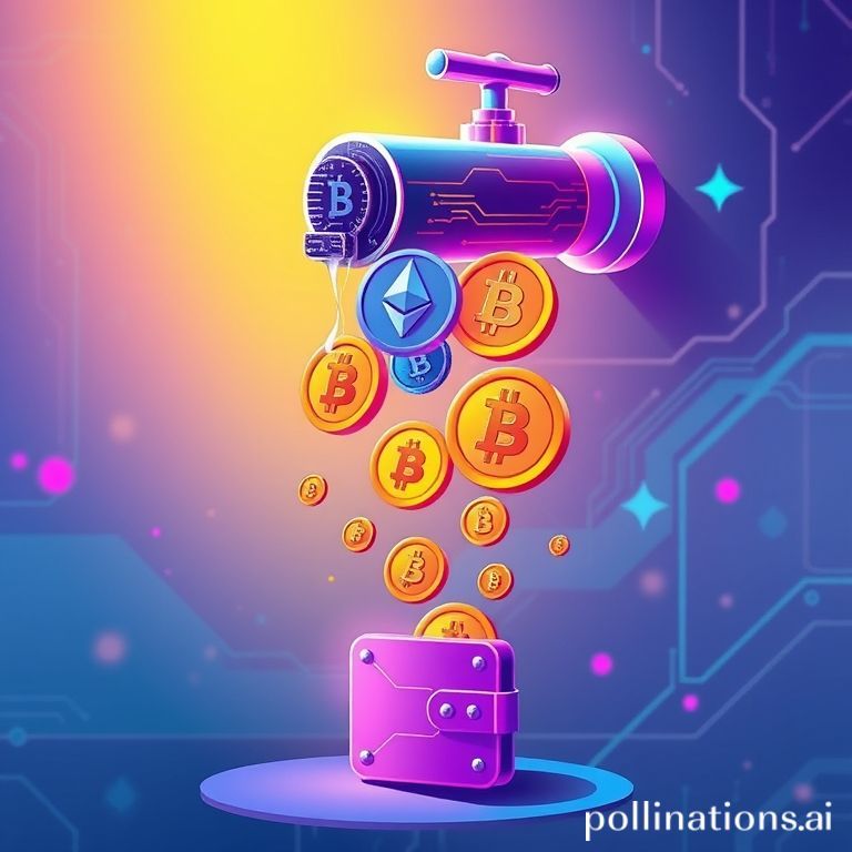 A vibrant, futuristic digital illustration showing various cryptocurrency coins (Bitcoin, Ethereum, Dogecoin, etc.) 