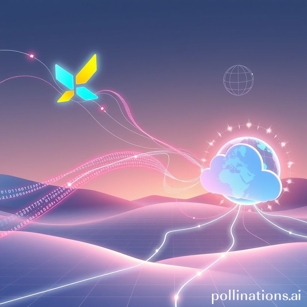 A vibrant, futuristic illustration depicting a Flutter mobile application icon (butterfly logo) sending and receiving data packets to and from a stylized cloud or server icon. The data packets are shown as flowing lines of binary code or JSON snippets. Wires or network lines connect the app icon and the cloud, symbolizing internet communication. The background should be clean, digital, and modern, with a focus on connectivity, technology, and data exchange. Include a subtle globe icon or network mesh to emphasize global reach.