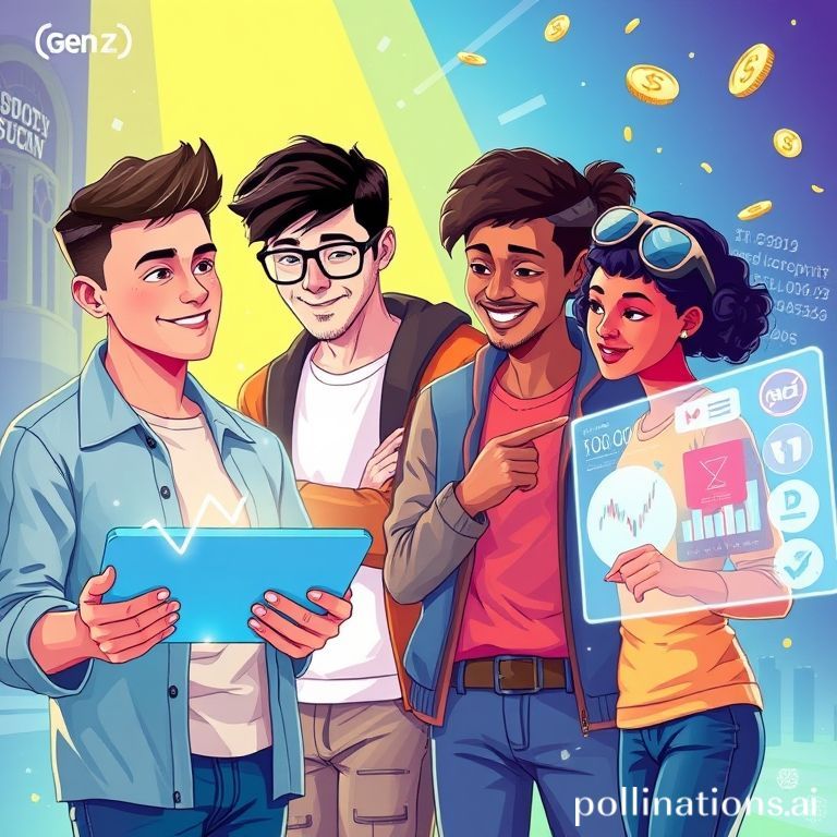 A vibrant, futuristic illustration depicting diverse Gen Z individuals interacting with holographic stock charts and financial data. One person is confidently looking at a tablet showing a rising stock graph, another is discussing with a friend while pointing at a digital display with company logos. Bright, energetic colors dominate, with elements of modern tech, digital currency symbols, and a subtle 