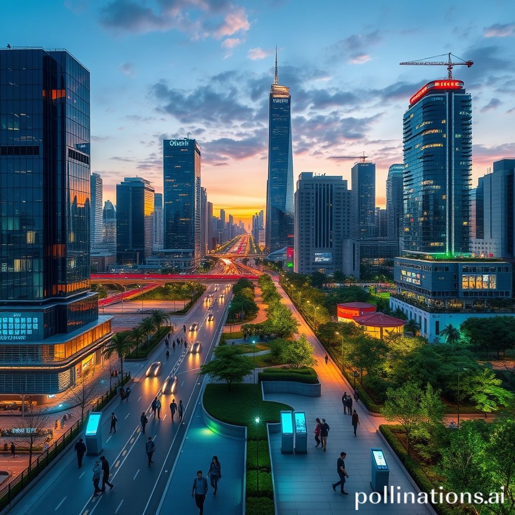 A vibrant, futuristic smart city skyline at dusk, with glowing data lines connecting modern buildings, efficient traffic flow on smart roads, and lush green spaces. People are seen walking in a clean, well-lit urban environment, subtly interacting with public digital displays. The overall atmosphere is one of technological integration and sustainability.