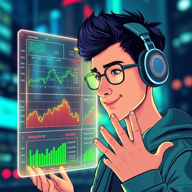 A vibrant, futuristic, and dynamic digital illustration. The central focus is a transparent, glowing screen displaying complex cryptocurrency market data: line graphs, bar charts, heatmaps in shades of green and red, and numerical values for Open Interest and Funding Rate. A young, tech-savvy Gen Z individual (gender-neutral) with stylish headphones is looking intently at the screen, a slight smile on their face, as if analyzing the data. Their hands are subtly gesturing, perhaps interacting with a holographic interface. The background is a blurred cityscape with neon lights, suggesting a modern, fast-paced environment. The overall mood should be energetic, intelligent, and focused on opportunity.