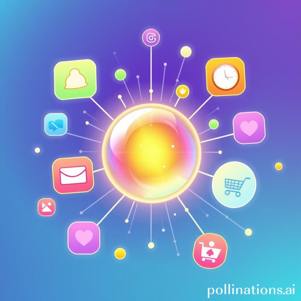 A vibrant, modern abstract illustration showing various notification icons (bell, message bubble, alarm clock, calendar, shopping cart) radiating outwards from a central, glowing digital sphere, symbolizing real-time data flow and instant connectivity. The background should be a subtle gradient of tech-blue and purple, conveying speed and innovation. The overall feel should be dynamic and forward-looking.
