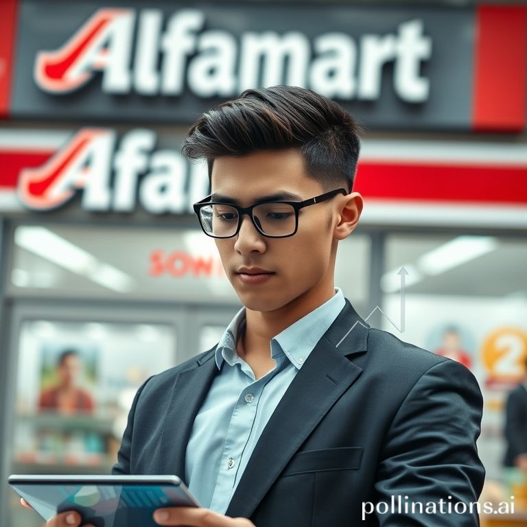 A vibrant, modern image featuring a Gen Z person (looks around 20-25 years old) smartly dressed, looking intently at a financial stock chart displayed on a holographic interface or a transparent tablet. In the background, slightly blurred, is a recognizable Alfamart store facade with its distinct red and white logo. The overall vibe is futuristic yet grounded in reality, symbolizing smart investment in a familiar brand. Upward-trending arrows or subtle financial graphs could be integrated into the holographic display.