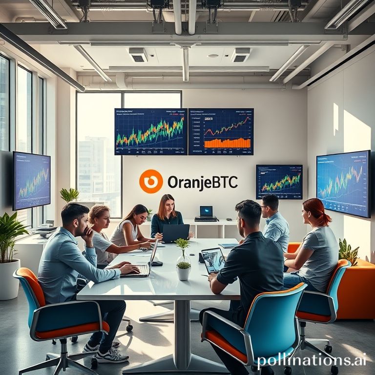 OranjeBTC executives celebrating their company's upcoming B3 listing in a modern, tech-focused office with city views.