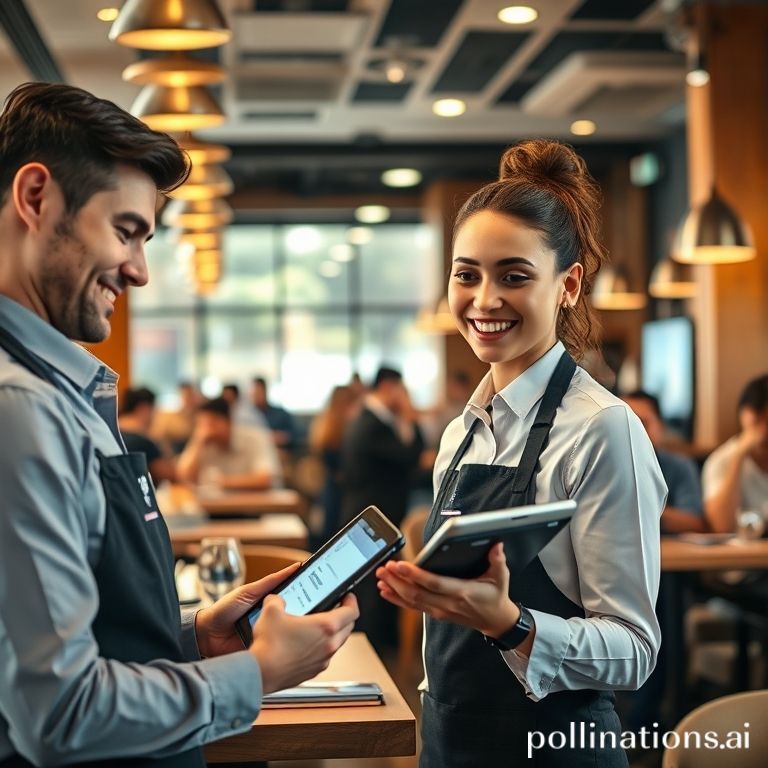 Illustration of a restaurant environment with various instant payment methods being used by staff and customers, highlighting efficient financial transactions.