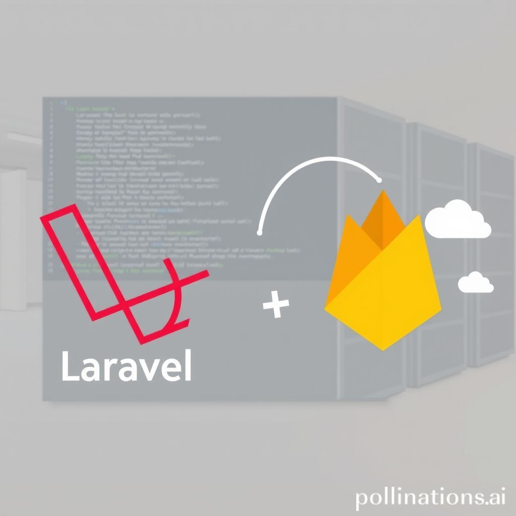 A vibrant, modern visual depicting the seamless integration between Laravel (represented by its distinctive logo and a command-line interface showing PHP code) and Google Firebase (represented by its distinctive logo and cloud services icons like Firestore, Authentication, and Cloud Storage). The image should convey data flow or connection, perhaps with arrows or abstract connecting lines, against a clean, tech-oriented background. Include subtle elements like server racks, code snippets, or cloud shapes to emphasize the backend and cloud aspects. The overall theme should be professional and forward-thinking.