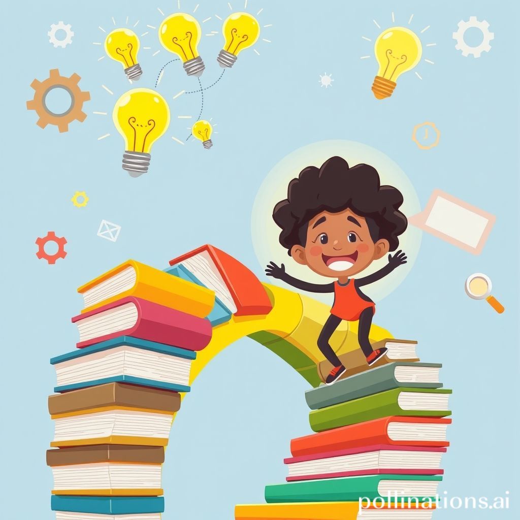 A vibrant, optimistic cartoon showing a diverse person (could be male or female, friendly expression) happily climbing a winding staircase made of colorful books. Above their head, a cluster of glowing light bulbs represents new ideas and understanding. In the background, subtle elements like simplified gears, a magnifying glass, or a digital screen peek out, symbolizing different forms of learning and innovation. The overall scene conveys growth, curiosity, and the joy of acquiring new knowledge. The colors are bright and inviting.