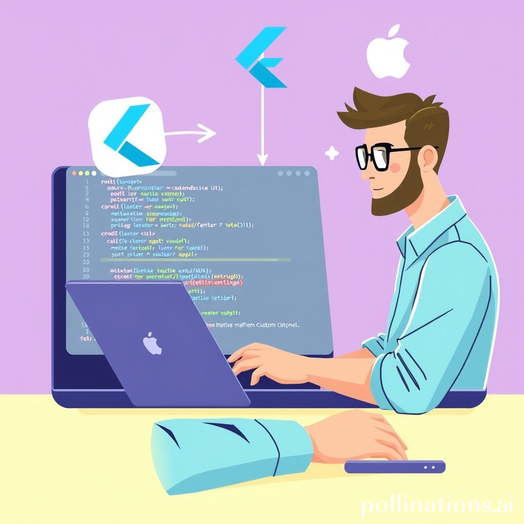 A vibrant, professional illustration depicting a developer working on a laptop with Flutter code snippets visible. On the screen, a clean, modern mobile app UI with unique, custom-designed widgets is displayed. In the background, abstract elements representing native platform integration (Android robot icon, Apple logo) subtly connect to the Flutter logo, symbolizing Platform Channels. The overall aesthetic should be bright, tech-oriented, and inspiring, in a flat or neo-morphism style.