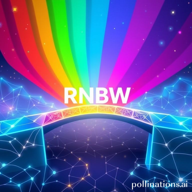 Rainbow bridge connecting a digital wallet to a blockchain, representing the launch of the RNBW token and its integration with the blockchain network.