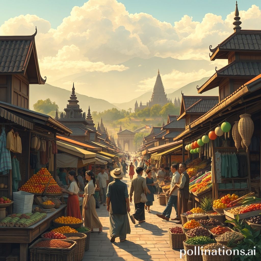 A vibrant, richly detailed illustration in the style of historical Indonesian drama, capturing the essence of Muntilan, Magelang. In the foreground, a bustling traditional market (Pasar Muntilan) with vendors in vintage attire selling local produce and crafts, bathed in warm, nostalgic light. In the background, subtle hints of historical architecture or a natural landscape like misty hills or a distant temple (Borobudur or Punthuk Setumbu). The overall atmosphere should be inviting, full of life, and evoke a sense of stepping back in time, reminiscent of the visual aesthetic of the 'Gadis Kretek' series, with an emphasis on cultural heritage and natural beauty. Focus on earthy tones and intricate details.