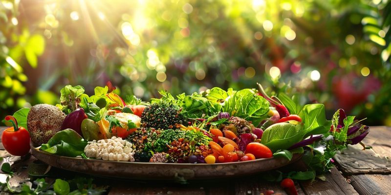 Assiette vibrante de légumes frais et de céréales entières sur une table en bois, avec un jardin en arrière-plan, symbolisant une alimentation saine et durable.