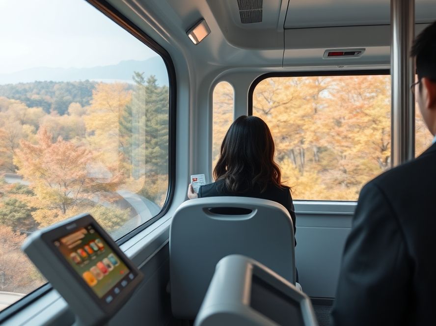 화담숲 모노레일 탑승객이 아름다운 풍경을 감상하며 현장 발권을 고려하는 모습.