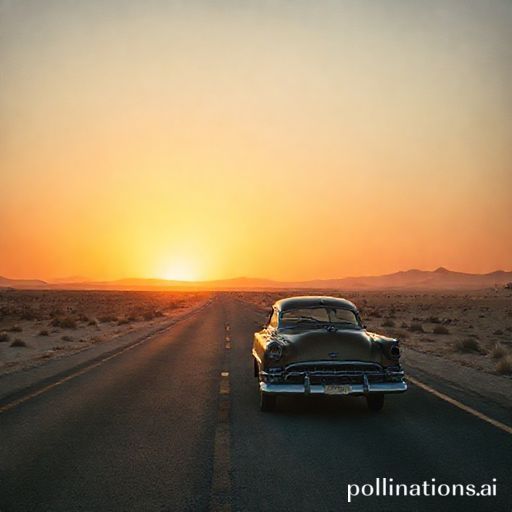 A vintage car on a desert highway at golden hour