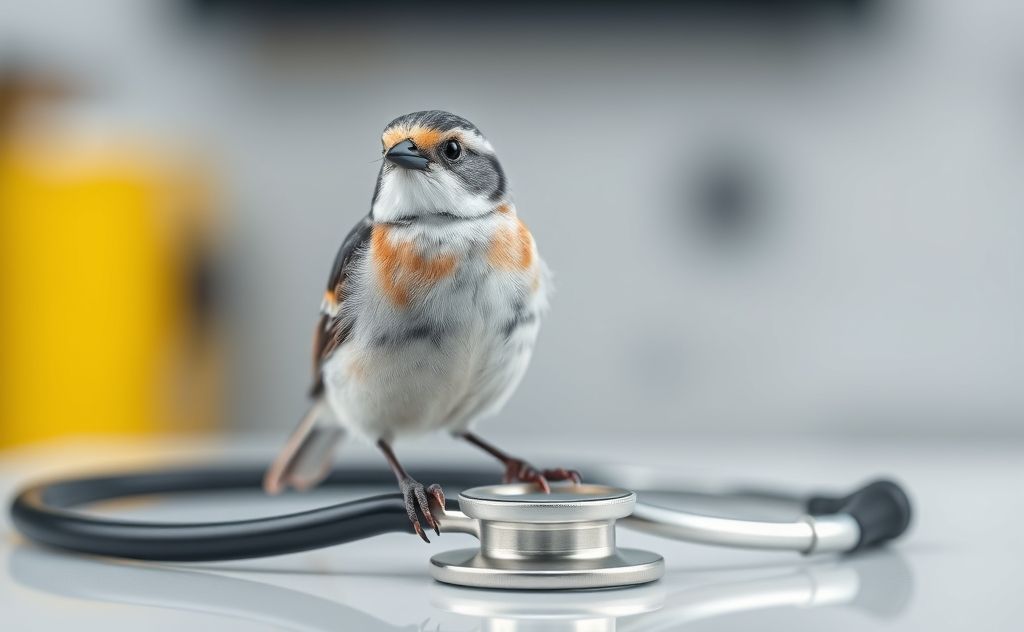 A virtual bird perched on a veterinary stethoscope in a digital setting.