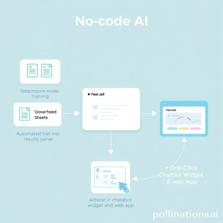 A visual diagram showing the flow of a no-code AI project: data import from Google Sheets and CSV, automated model training, test results panel, and one-click deploy to a chatbot widget and web app, clean UI, educational style, pastel colors