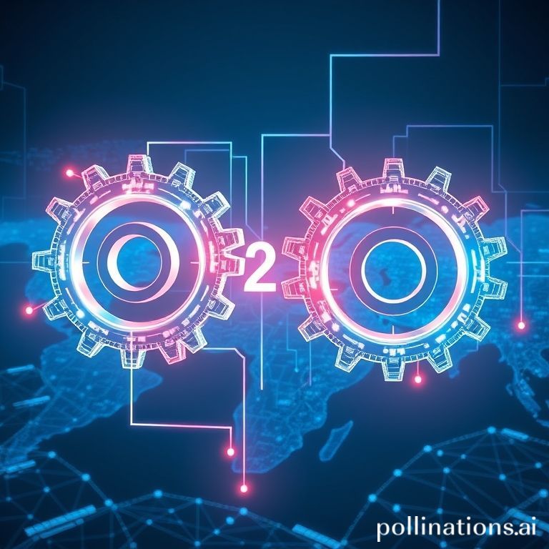 Illustration of intertwined gears and digital data flow, symbolizing seamless B2B transactions and automated supply chains.