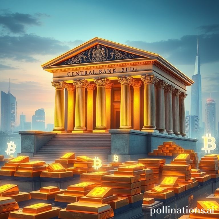 Depiction of Bitcoin symbols coexisting with gold bars and a central bank building, illustrating potential future reserve diversification.