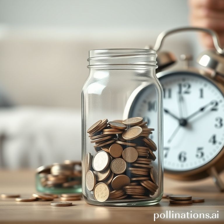 A hand placing coins into a glass jar next to a retro alarm clock, symbolizing diligent retirement savings and the importance of early financial planning for a secure future.