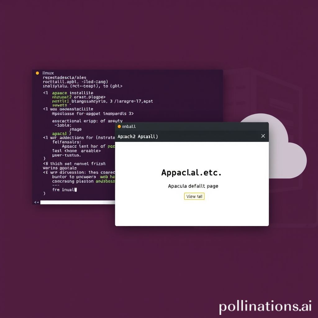 A visually appealing image featuring a clean Linux terminal showing Apache2 installation commands, alongside a web browser displaying the 