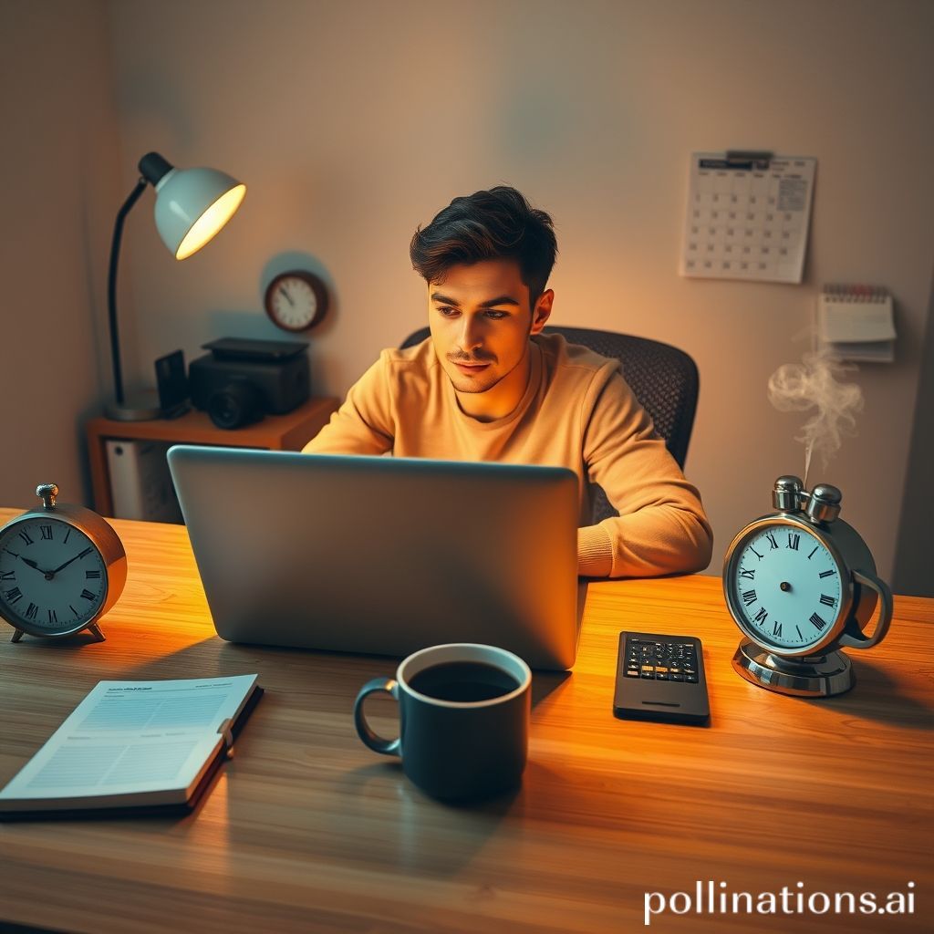 A visually appealing image of a person sitting at a desk with a laptop, a planner, a clock, and a cup of coffee. The person looks calm and focused, with warm lighting, symbolizing effective time management and productivity. Elements like a neatly organized desk, a to-do list, and a calendar are subtly visible.