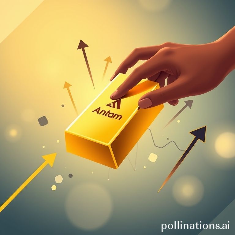 A visually appealing, modern image featuring a stylized gold bar with the Antam logo subtly visible, surrounded by abstract financial graph elements and upward arrows. The background should have a trendy, slightly futuristic feel, incorporating soft glows and digital lines. A hand (diverse skin tone) could be gently holding or pointing towards the gold bar, symbolizing investment or aspiration. The overall vibe should be optimistic and sleek, appealing to a Gen Z audience.