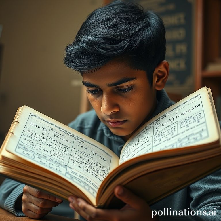 තරුණ ශ්‍රීනිවාස රාමානුජන් ගණිත සූත්‍ර සහිත පොතක් අධ්‍යයනය කරමින්.