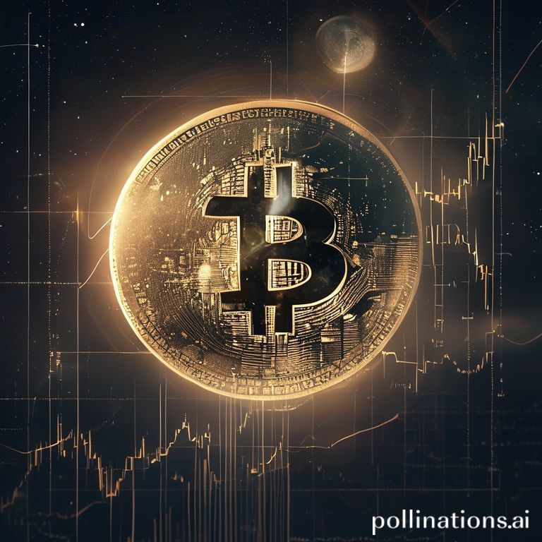 Bitcoin logo merged with a moon, illustrating astrological predictions of BTC price movements based on lunar cycles, hinting at a rally to $138,000.