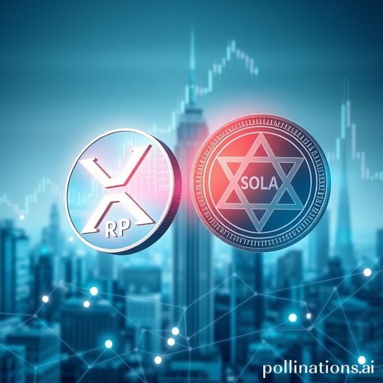 A dynamic digital representation of XRP and Solana crypto coins against a backdrop of financial charts and a futuristic city, symbolizing the integration of cryptocurrencies into regulated markets.