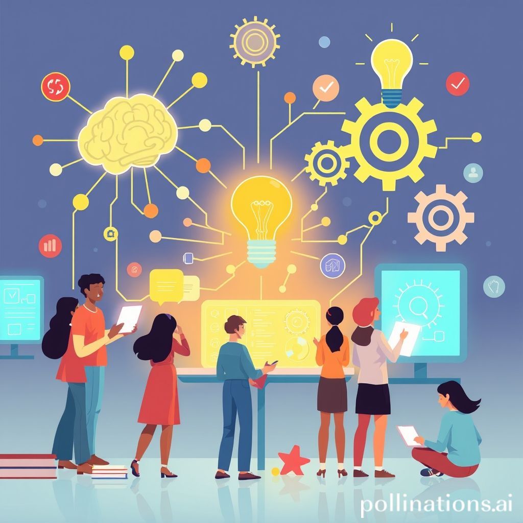 A visually engaging illustration depicting abstract concepts of learning, technology, and human connection. It could feature diverse individuals interacting with glowing digital interfaces, interconnected brain pathways symbolizing critical thinking, gears for problem-solving, and a lightbulb representing creativity, all within a futuristic, bright educational setting. The overall mood should be optimistic and forward-looking.