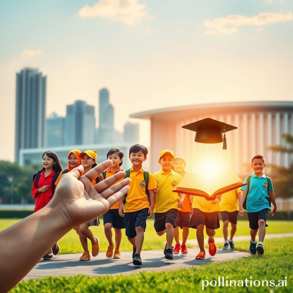 A visually impactful image showing diverse Indonesian children in school uniforms, happily walking towards a modern school building. In the background, a subtle, slightly blurred skyline of Jakarta. A symbolic hand gently extends from the corner, representing government support, subtly intertwined with an education-related icon like an open book or a graduation cap. The lighting is bright and optimistic, conveying hope and progress.