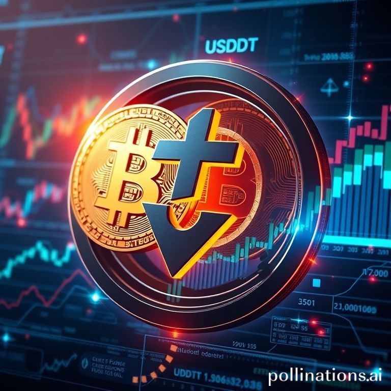 Cadangan Bitcoin Tether yang besar, digambarkan dengan logo Bitcoin dan grafik keuangan yang menunjukkan pertumbuhan aset digital stabil.