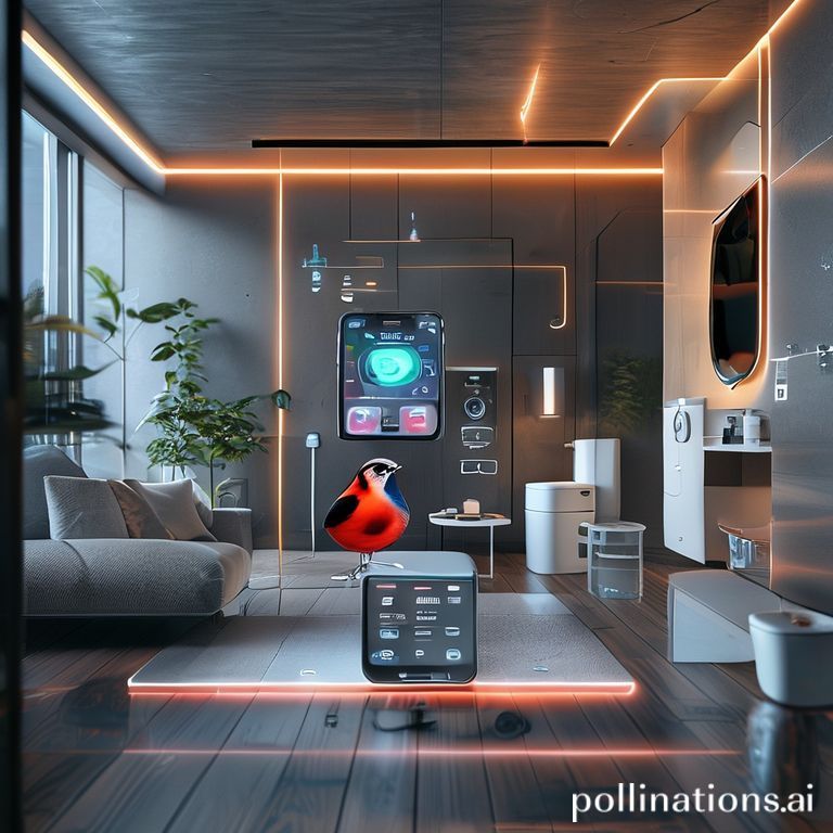 Modern smart home with AI-powered devices like a bird feeder, self-cleaning litter box, and health-monitoring toilet.
