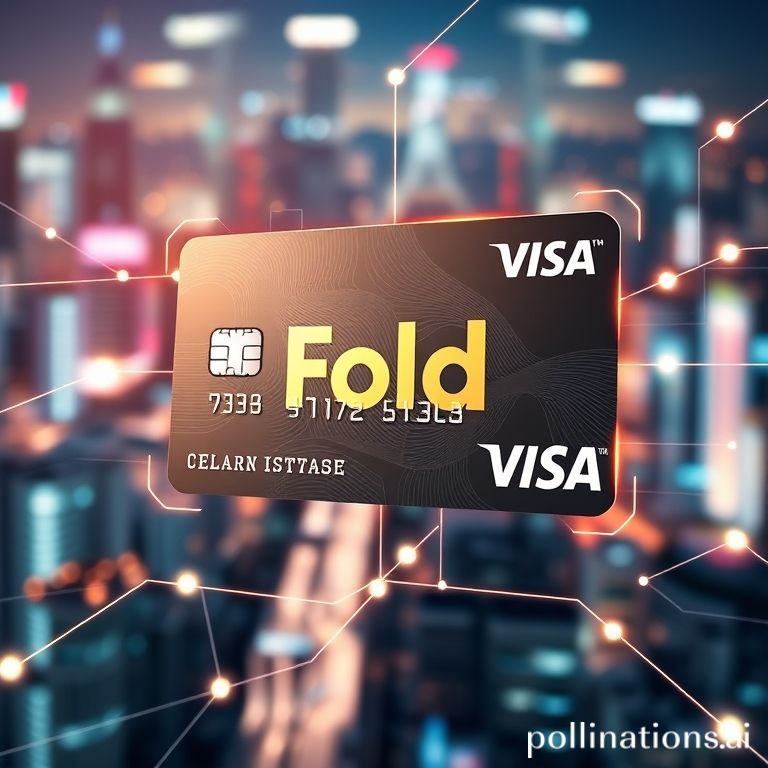 A Fold Bitcoin Rewards credit card featuring the Fold logo and subtle bitcoin iconography, backed by Visa and Stripe.