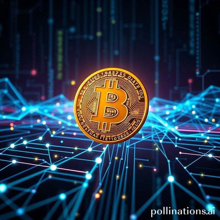 Digital illustration of the Bitcoin logo amidst a secure, interconnected blockchain network, highlighting its cryptographic innovation.