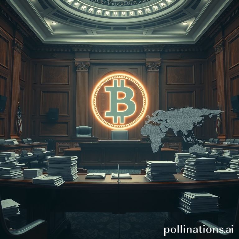 An empty chairman's desk with scattered legislative papers and a holographic crypto symbol, symbolizing stalled U.S. crypto regulation.