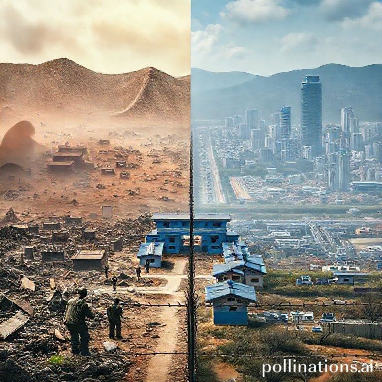 A visually striking image depicting the Korean War. On one side, a devastated Korean landscape from the 1950s, showing ruins and soldiers (representing North Korea and China). On the other side, a more modern, thriving city (representing South Korea) with advanced technology. In the middle, a stark, barbed-wire fence or the iconic blue buildings of the DMZ at Panmunjom, symbolizing the ongoing division. The overall tone should convey both the historical tragedy and the lasting impact.