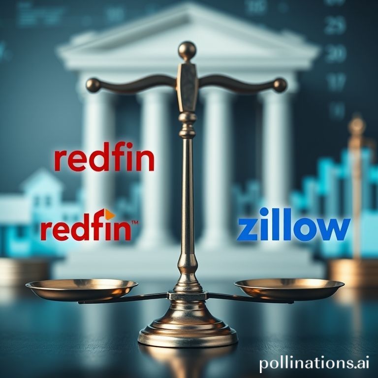 Redfin and Zillow logos on a tilted scale of justice, representing ongoing antitrust lawsuits concerning real estate market competition.