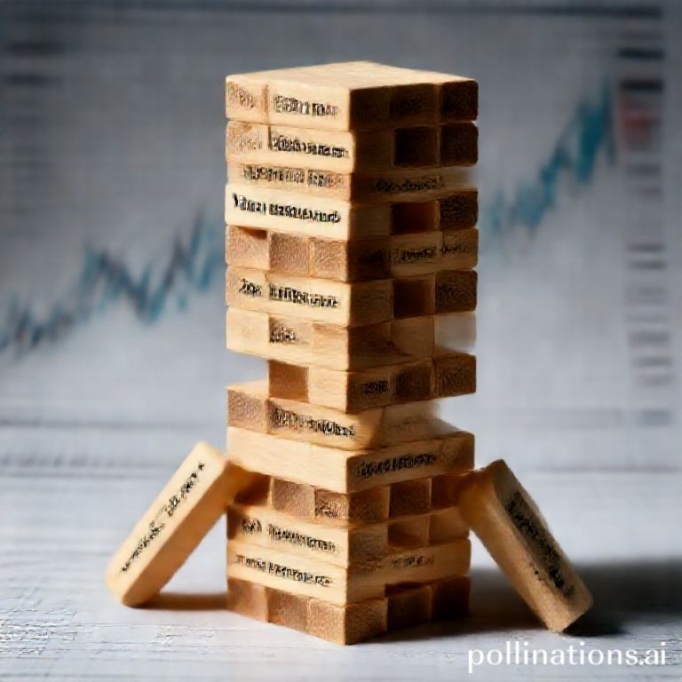 Precarious Jenga tower symbolizing the shaky foundations of investment markets, reflecting volatility in tech, gold, and crypto assets.