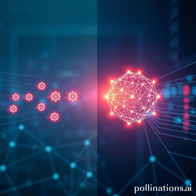 Visualizing a hybrid AI architecture where numerous efficient Small Language Models (SLMs) handle routine tasks, while a powerful Large Language Model (LLM) is reserved for complex reasoning in an enterprise setting, highlighting cost-effectiveness and scalability.