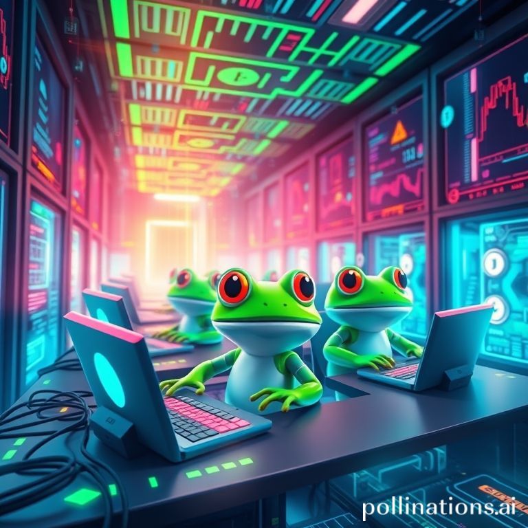 A vivid digital illustration of PEPENODE's GameFi mining, showcasing virtual nodes generating cryptocurrency rewards.