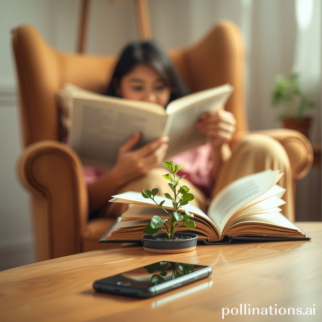 A warm and inviting image showing a person peacefully engaging in a real-world activity, like reading a physical book in a cozy armchair or watering a small plant. In the background, slightly out of focus, a smartphone lies dormant on a table, symbolizing a conscious choice to step away from screen time. The lighting should be soft and natural, emphasizing calm and well-being.