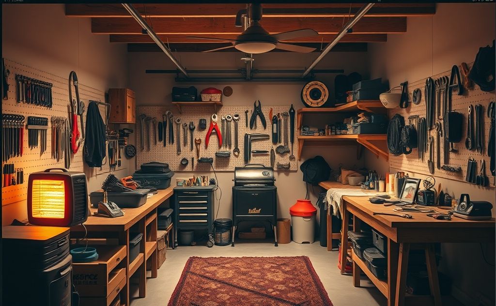 A warm, cozy garage with a space heater and tools neatly arranged.